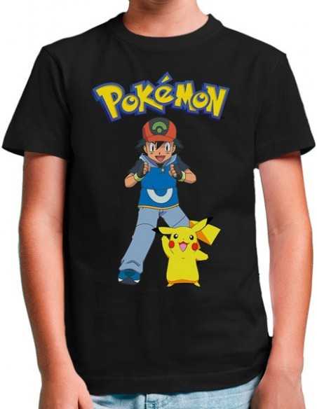 Camiseta Ash y Pikachu Pokemon,manga corta negra