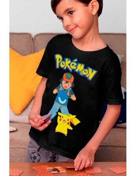 Camiseta Ash y Pikachu Pokemon,manga corta negra