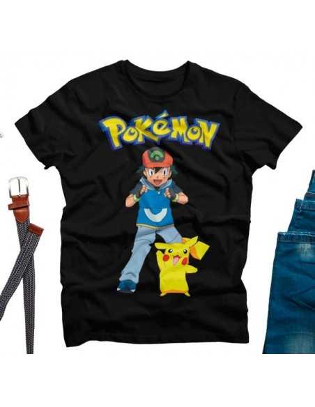 Camiseta Ash y Pikachu Pokemon,manga corta negra