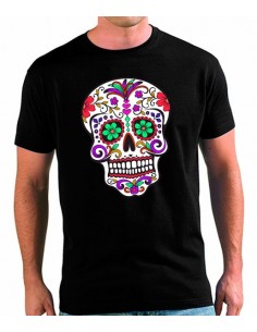 Camiseta Calavera Mexicana flores hombre