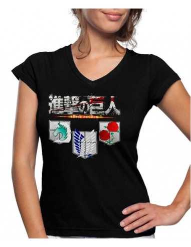 Camiseta El ataque de los titanes shingeki no kyojin con 3 escudos| Mujer manga corta Camiseta El ataque de los titanes shingeki no kyojin con 3 escudos| Mujer manga corta