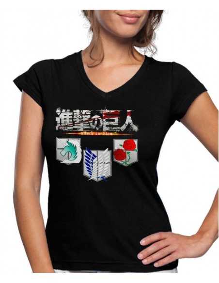 Camiseta El ataque de los titanes shingeki no kyojin con 3 escudos| Mujer manga corta Camiseta El ataque de los titanes shingeki no kyojin con 3 escudos| Mujer manga corta
