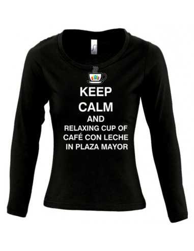 Camiseta Keep calm and relaxing cup cafe con leche in plaza mayor de mujer manga larga