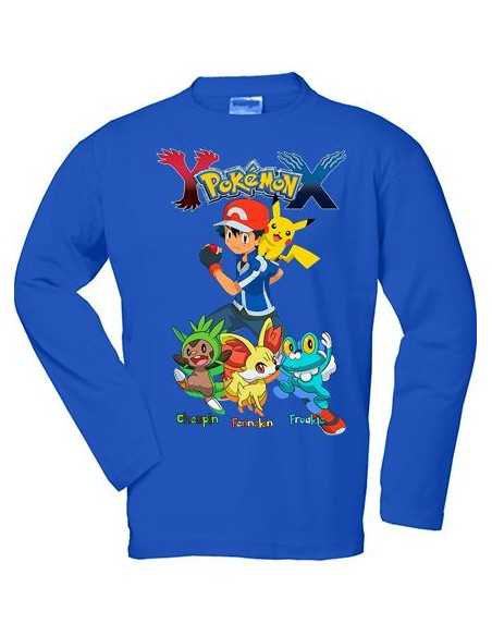 Camiseta Pokemon X-Y Chespin,Fennekin,Froakie manga larga azul - MxGames