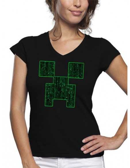 Camiseta Minecraft de mujer Creeper-Matrix color negro manga corta
